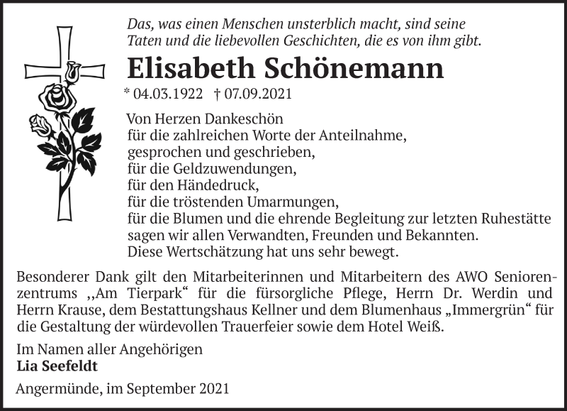  Traueranzeige für Elisabeth Schönemann vom 17.10.2021 aus Märkische Oderzeitung