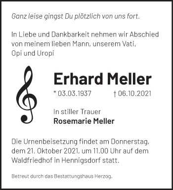 Traueranzeige von Erhard Meller von Märkische Oderzeitung