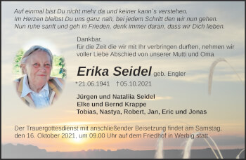 Traueranzeige von Erika Seidel von Märkische Oderzeitung