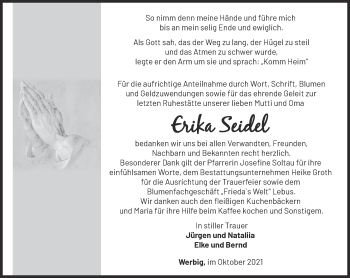 Traueranzeige von Erika Seidel von Märkische Oderzeitung