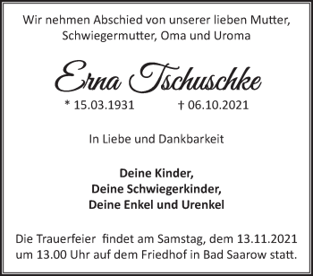 Traueranzeige von Erna Tschuschke von Märkische Oderzeitung