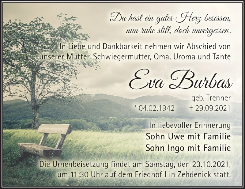  Traueranzeige für Eva Burbas vom 09.10.2021 aus Märkische Oderzeitung