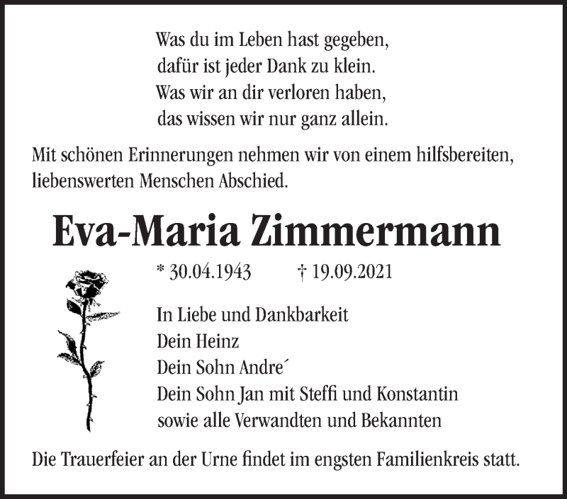  Traueranzeige für Eva-Maria Zimmermann vom 02.10.2021 aus Märkische Oderzeitung