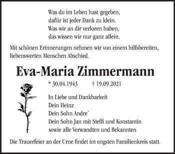 Traueranzeige von Eva-Maria Zimmermann von Märkische Oderzeitung