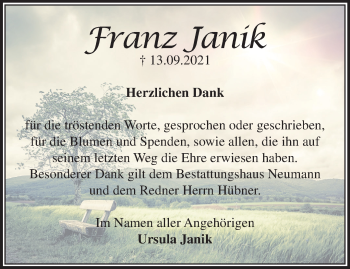 Traueranzeige von Franz Janik von Märkische Oderzeitung