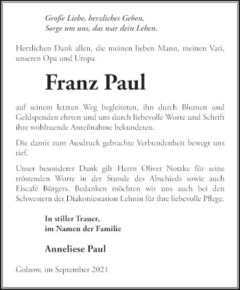 Traueranzeige von Franz Paul von Märkische Oderzeitung