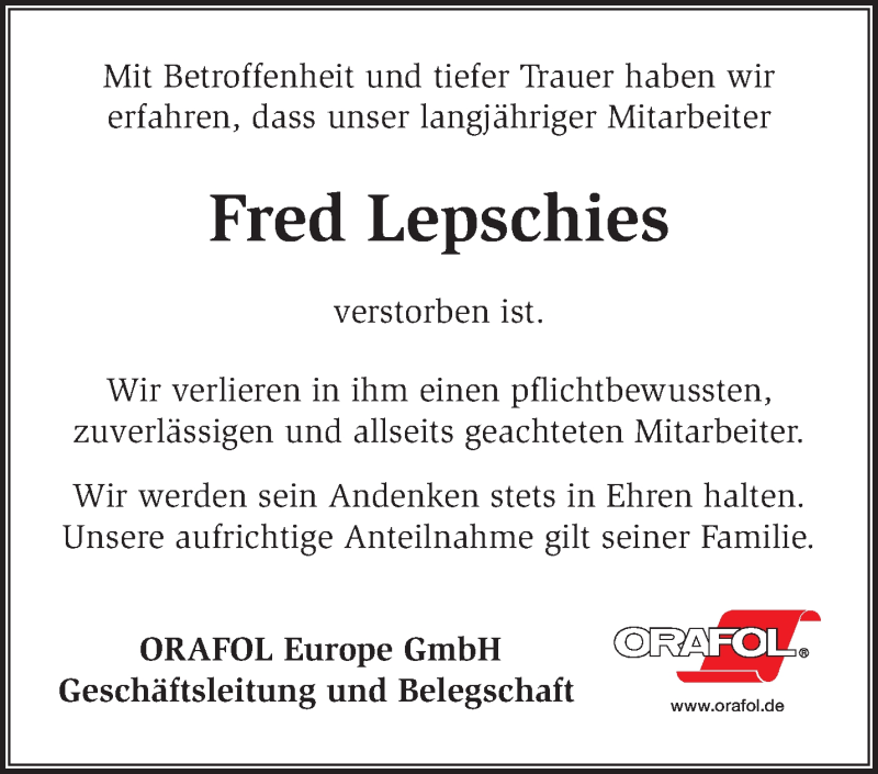  Traueranzeige für Fred Lepschies vom 23.10.2021 aus Märkische Oderzeitung