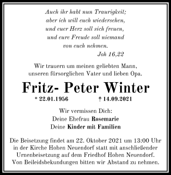 Traueranzeige von Fritz-Peter Winter von Märkische Oderzeitung