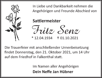 Traueranzeige von Fritz Senz von Märkische Oderzeitung