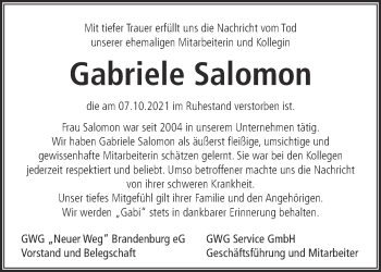 Traueranzeige von Gabriele Salomon von Märkische Oderzeitung