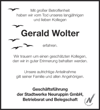 Traueranzeige von Gerald Wolter von Märkische Oderzeitung