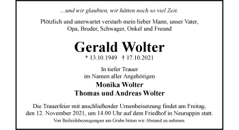 Traueranzeige von Gerald Wolter von Märkische Oderzeitung