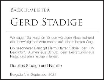 Traueranzeige von Gerd Stadige von Märkische Oderzeitung