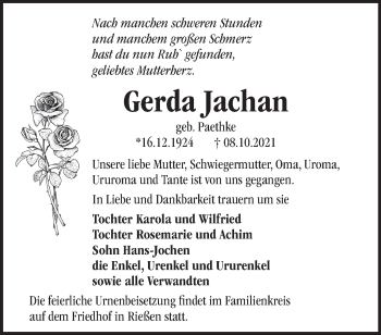 Traueranzeige von Gerda Jachan von Märkische Oderzeitung