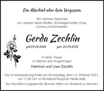 Traueranzeige von Gerda Zechlin von Märkische Oderzeitung