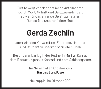 Traueranzeige von Gerda Zechlin von Märkische Oderzeitung