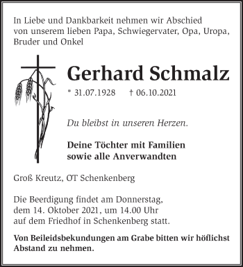 Traueranzeige von Gerhard Schmalz von Märkische Oderzeitung