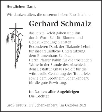 Traueranzeige von Gerhard Schmalz von Märkische Oderzeitung