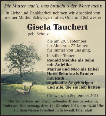 Traueranzeige von Gisela Tauchert von Märkische Oderzeitung