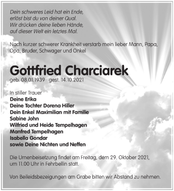 Traueranzeige von Gottfried Charciarek von Märkische Oderzeitung