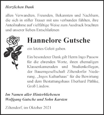 Traueranzeige von Hannelore Gutsche von Märkische Oderzeitung