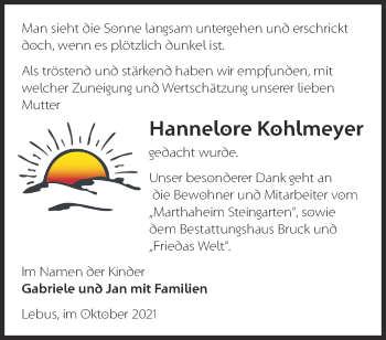 Traueranzeige von Hannelore Kohlmeyer von Märkische Oderzeitung