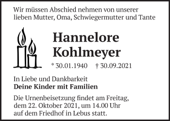 Traueranzeige von Hannelore Kohlmeyer von Märkische Oderzeitung