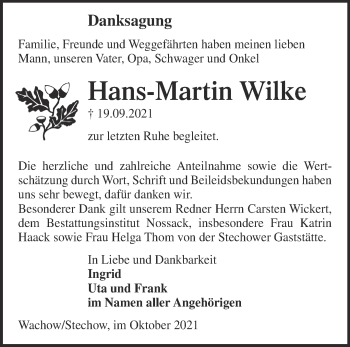 Traueranzeige von Hans-Martin Wilke von Märkische Oderzeitung