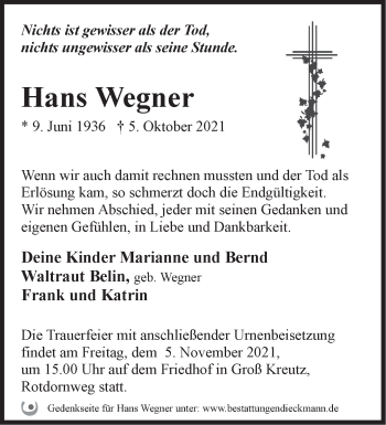 Traueranzeige von Hans Wegner von Märkische Oderzeitung