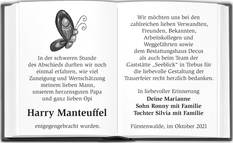  Traueranzeige für Harry Manteuffel vom 23.10.2021 aus Märkische Oderzeitung