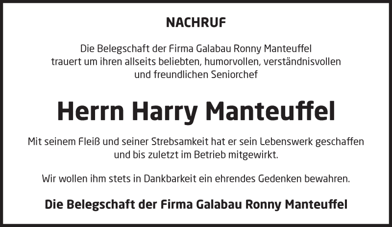  Traueranzeige für Harry Manteuffel vom 23.10.2021 aus Märkische Oderzeitung