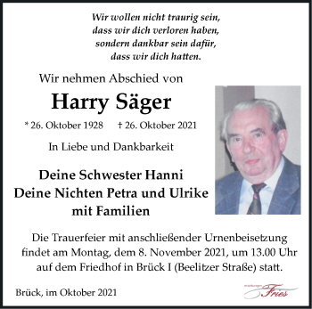 Traueranzeige von Harry Säger von Märkische Oderzeitung