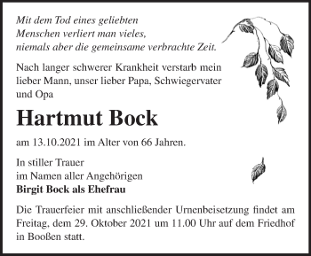 Traueranzeige von Hartmut Bock von Märkische Oderzeitung