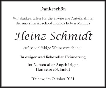 Traueranzeige von Heinz Schmidt von Märkische Oderzeitung