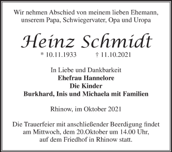 Traueranzeige von Heinz Schmidt von Märkische Oderzeitung