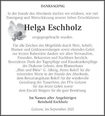 Traueranzeige von Helga Eschholz von Märkische Oderzeitung