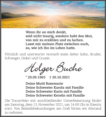 Traueranzeige von Holger Buche von Märkische Oderzeitung