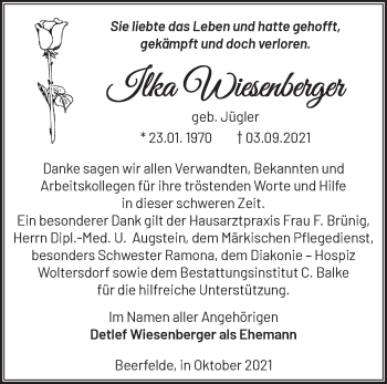 Traueranzeige von Ilka Wiesenberger von Märkische Oderzeitung