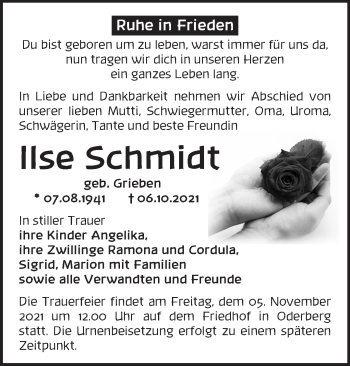 Traueranzeige von Ilse Schmidt von Märkische Oderzeitung