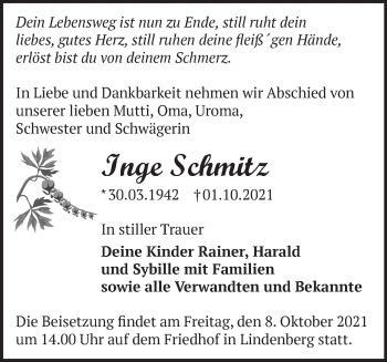 Traueranzeige von Inge Schmitz von Märkische Oderzeitung