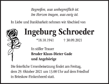 Traueranzeige von Ingeburg Schroeder von Märkische Oderzeitung