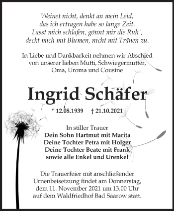 Traueranzeige von Ingrid Schäfer von Märkische Oderzeitung