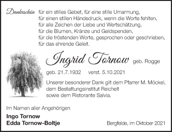 Traueranzeige von Ingrid Tornow von Märkische Oderzeitung