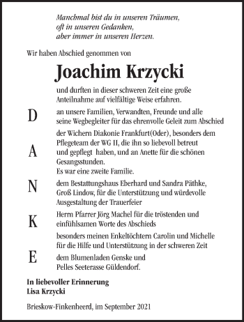 Traueranzeige von Joachim Krzycki von Märkische Oderzeitung