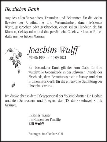 Traueranzeige von Joachim Wulff von Märkische Oderzeitung