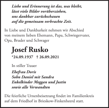 Traueranzeige von Josef Rusko von Märkische Oderzeitung