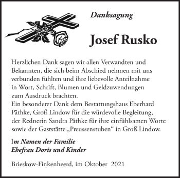 Traueranzeige von Josef Rusko von Märkische Oderzeitung