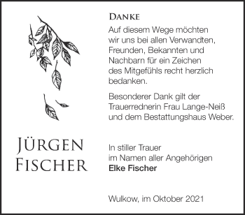 Traueranzeige von Jürgen Fischer von Märkische Oderzeitung