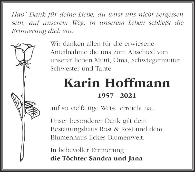  Traueranzeige für Karin Hoffmann vom 09.10.2021 aus Märkische Oderzeitung