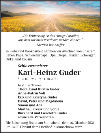 Traueranzeige von Karl-Heinz Guder von Märkische Oderzeitung